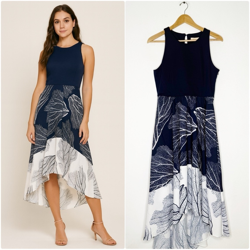 Hutch Altana High Low Midi Dress Navy White Print Size MP (Medium Petite)